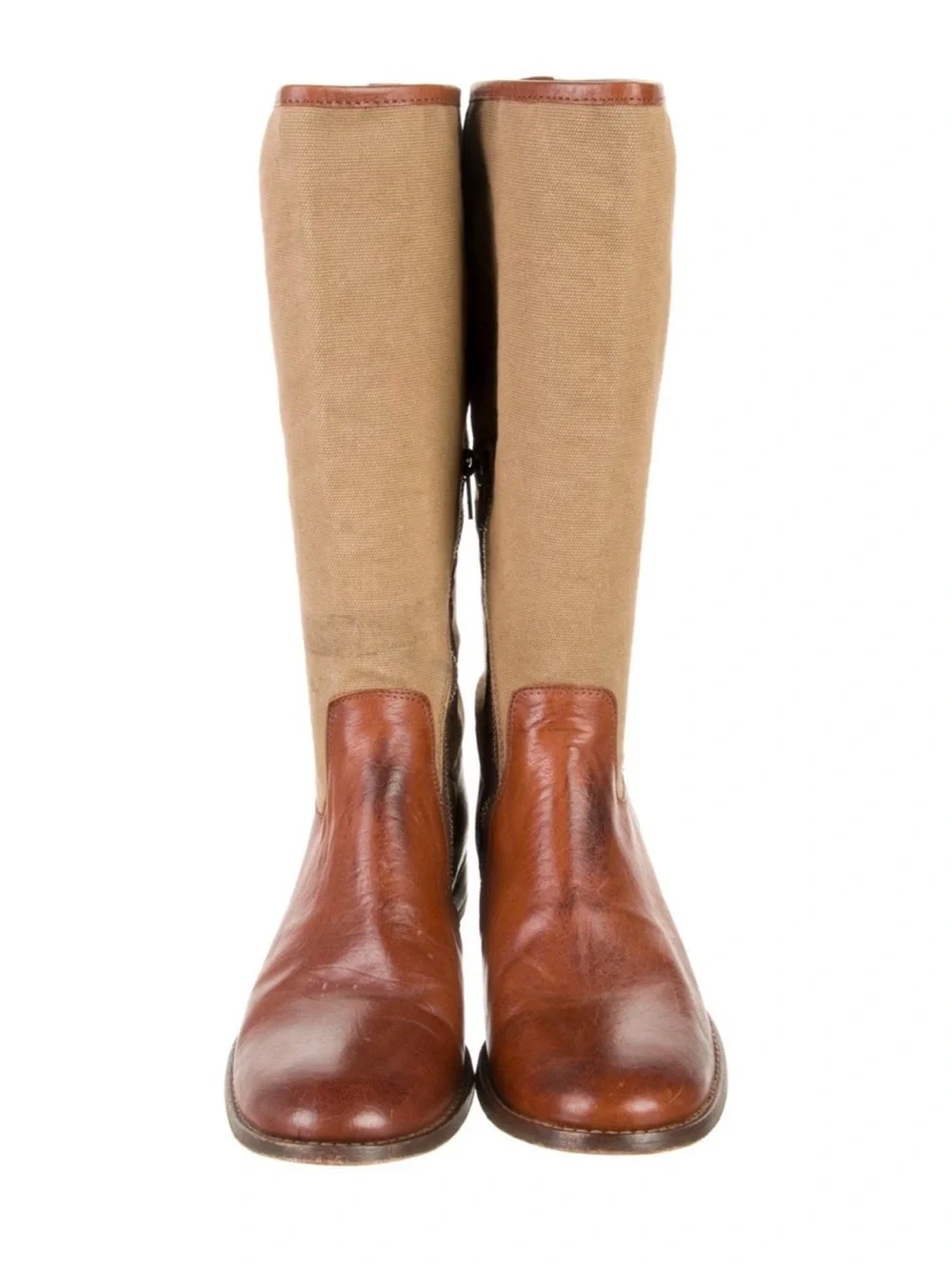 Vintage Frye Brown Leather & Tan Canvas Over-riding boots with braided detail